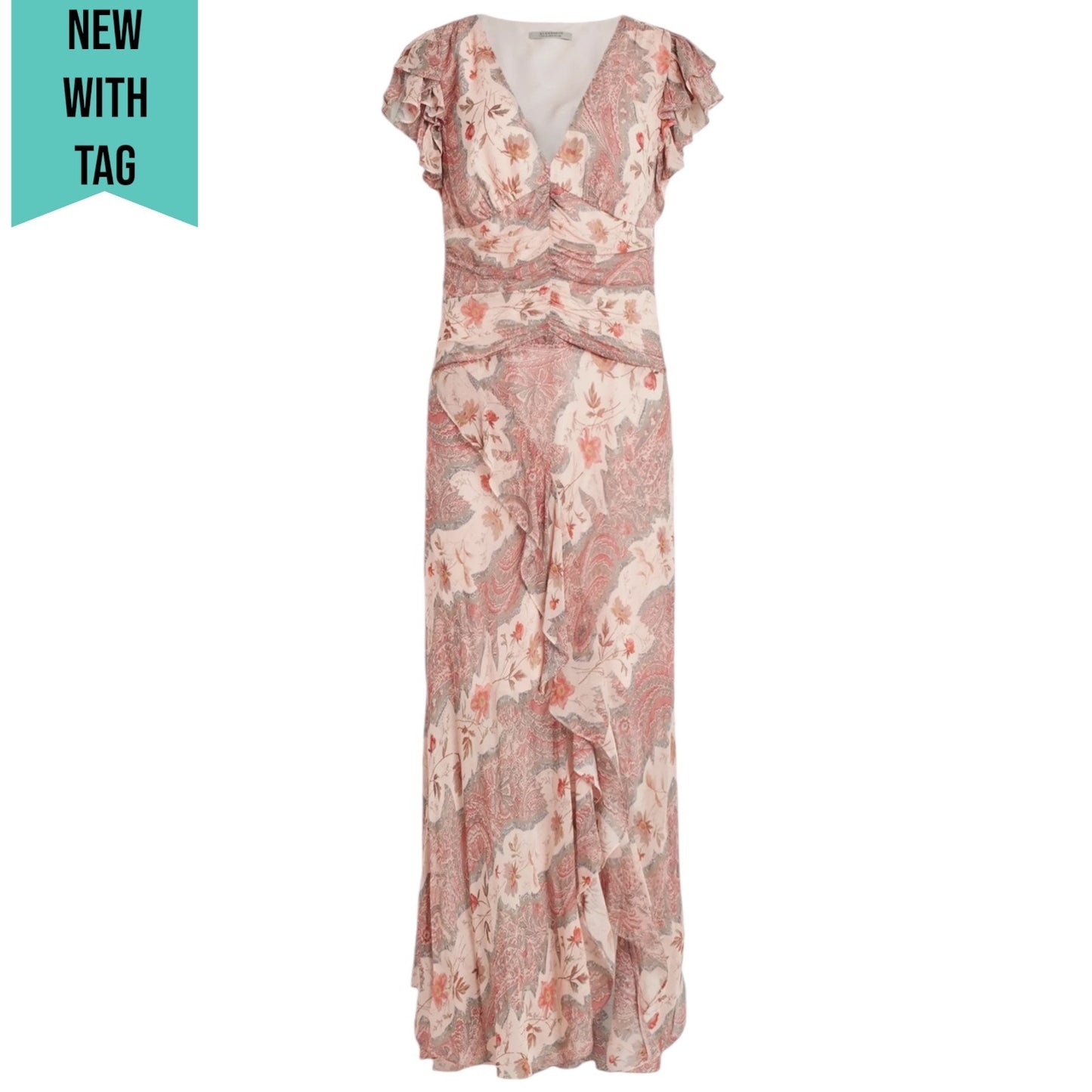 All Saints Brea Floral Print Cascade Maxi Dress Clay Pink Size 8