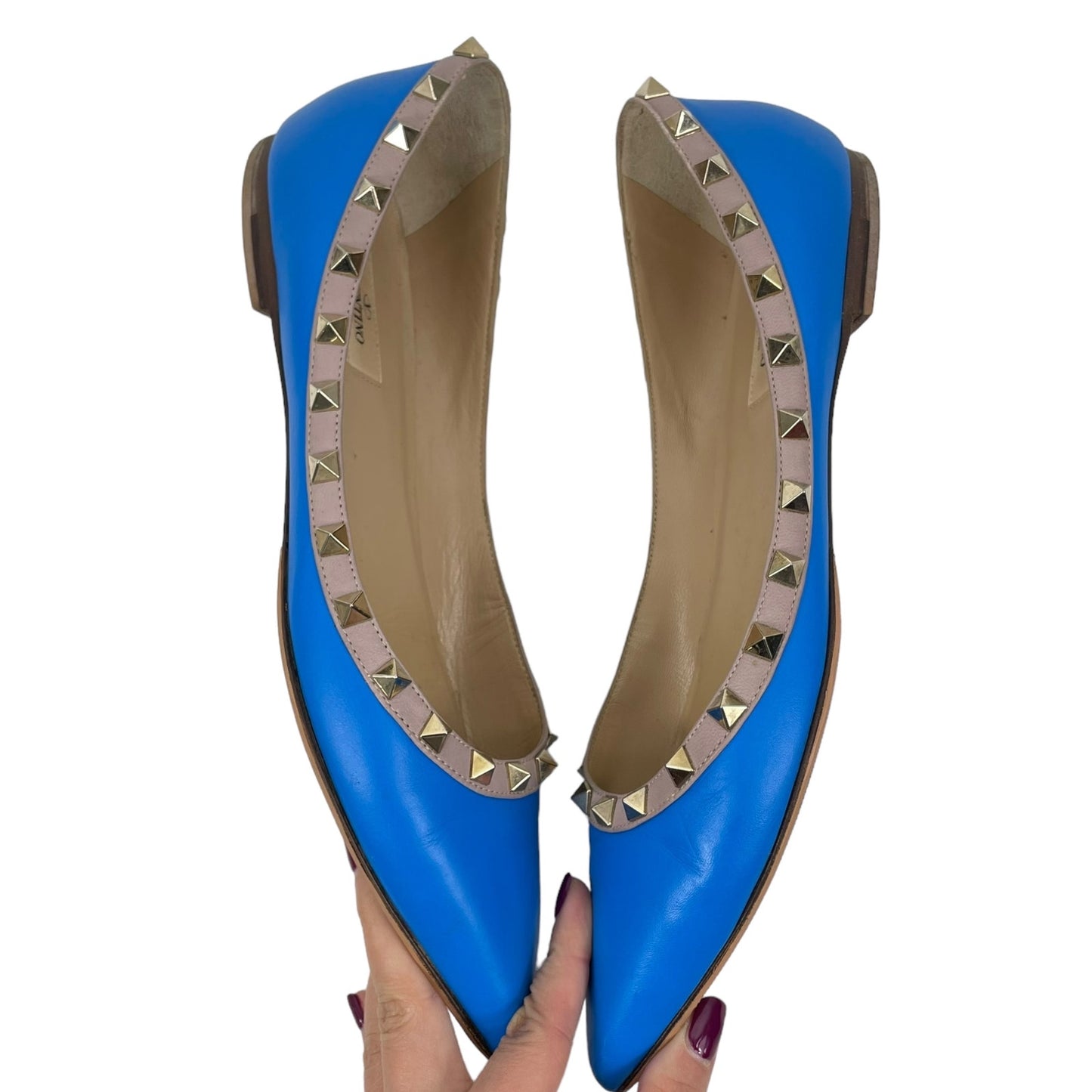 Valentino Garavani Rockstud Two Tone Poined Toe Flats Blue Pink Size 40