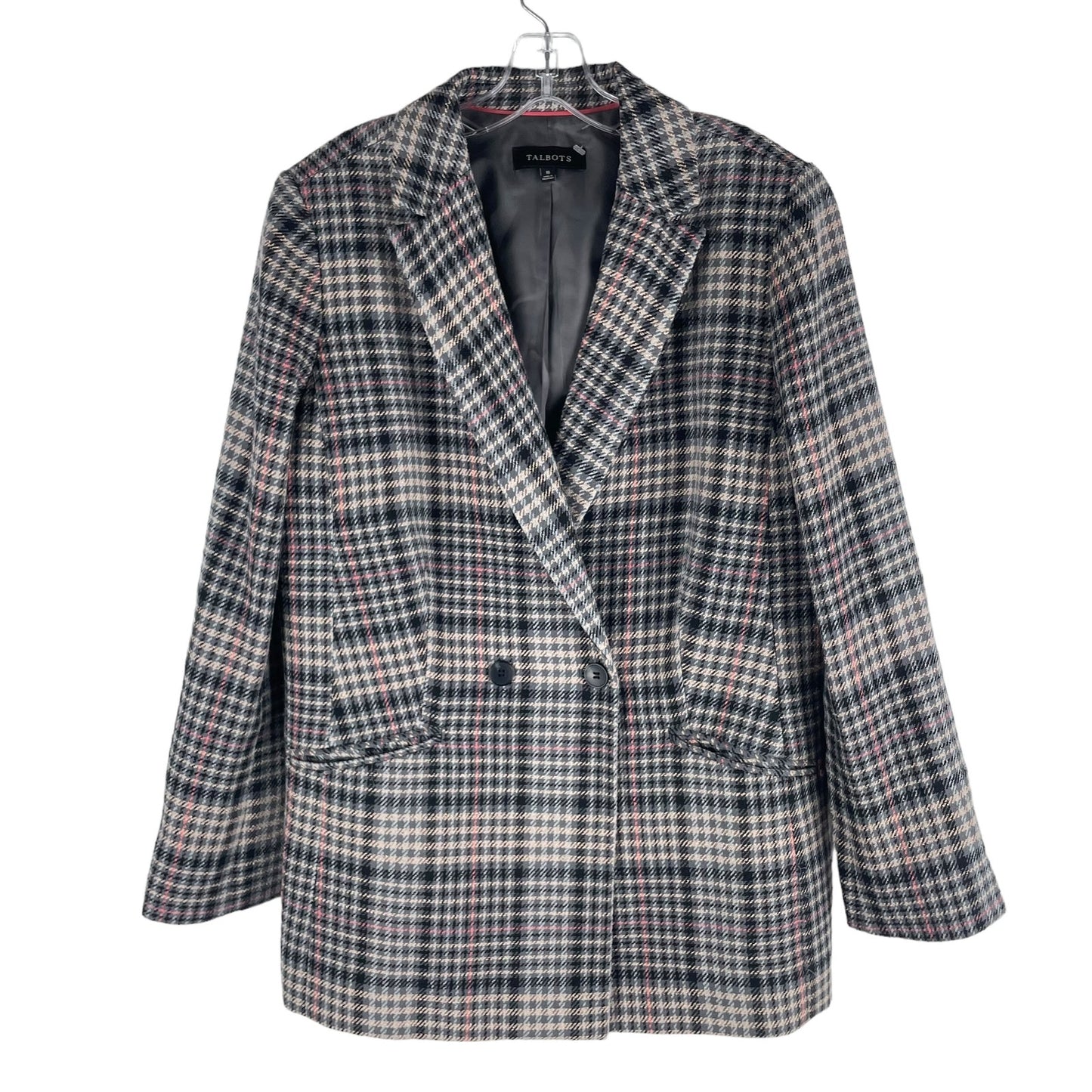 Talbots Double Breasted Bradwell Plaid Blazer Jacket Gray Pink Size 16