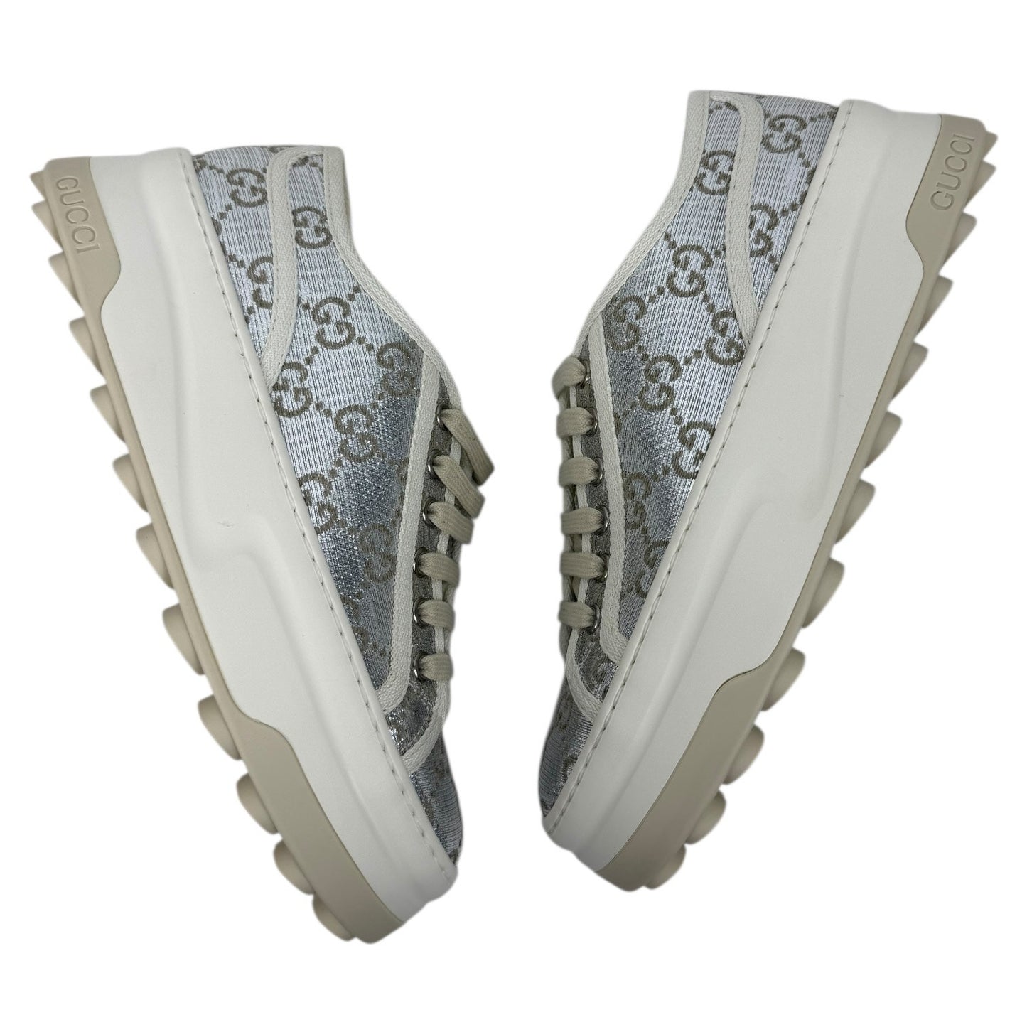Gucci Tennis 1977 Treck GG Monogram Flatform Sneaker Silver Size 36