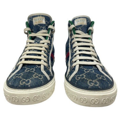 Gucci 1977 Tennis High Top Sneakers GG Monogram Denim Blue Size 8.5/ 9