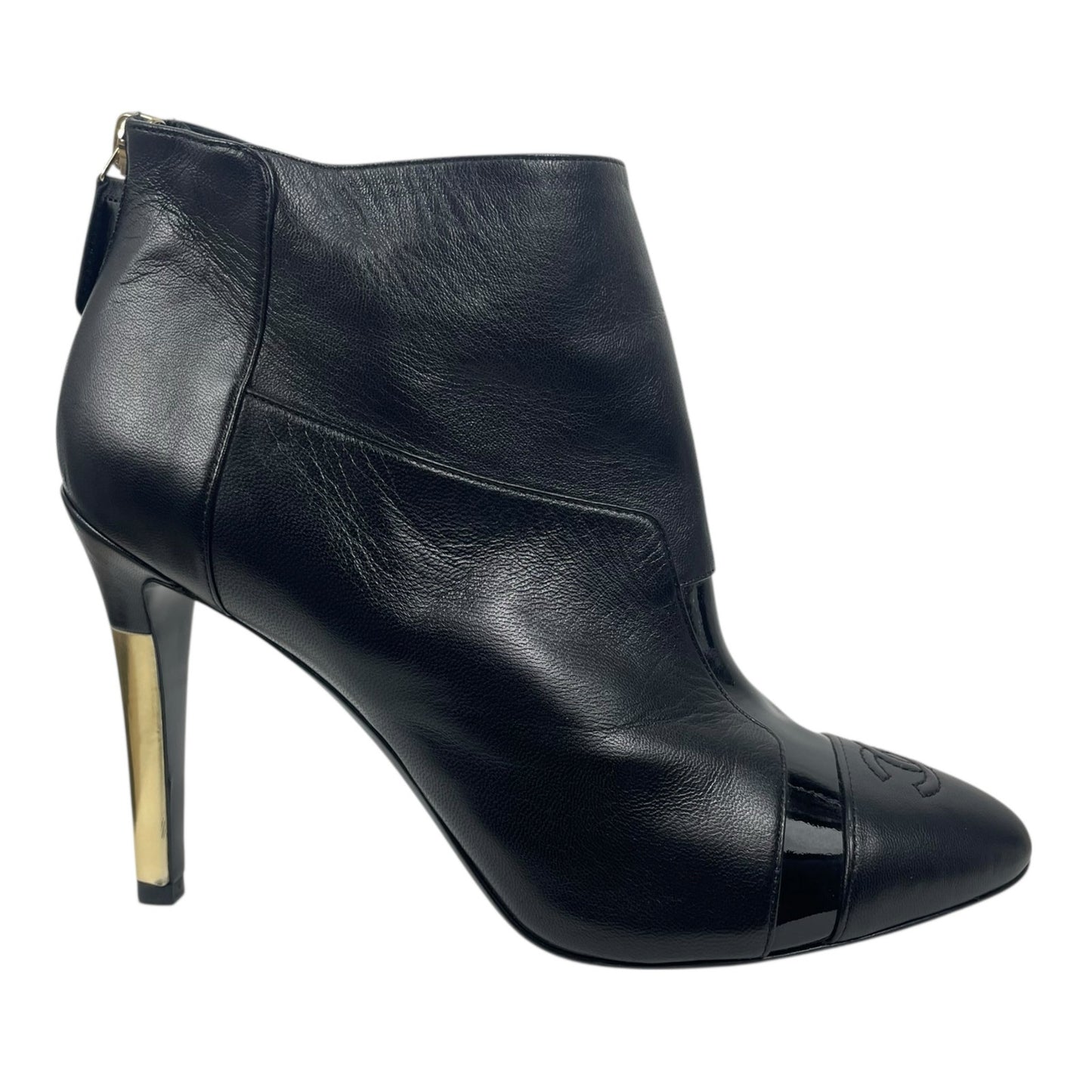 Chanel CC Logo Cap Toe Lamb Leather Heel Ankle Boots Black Size 38