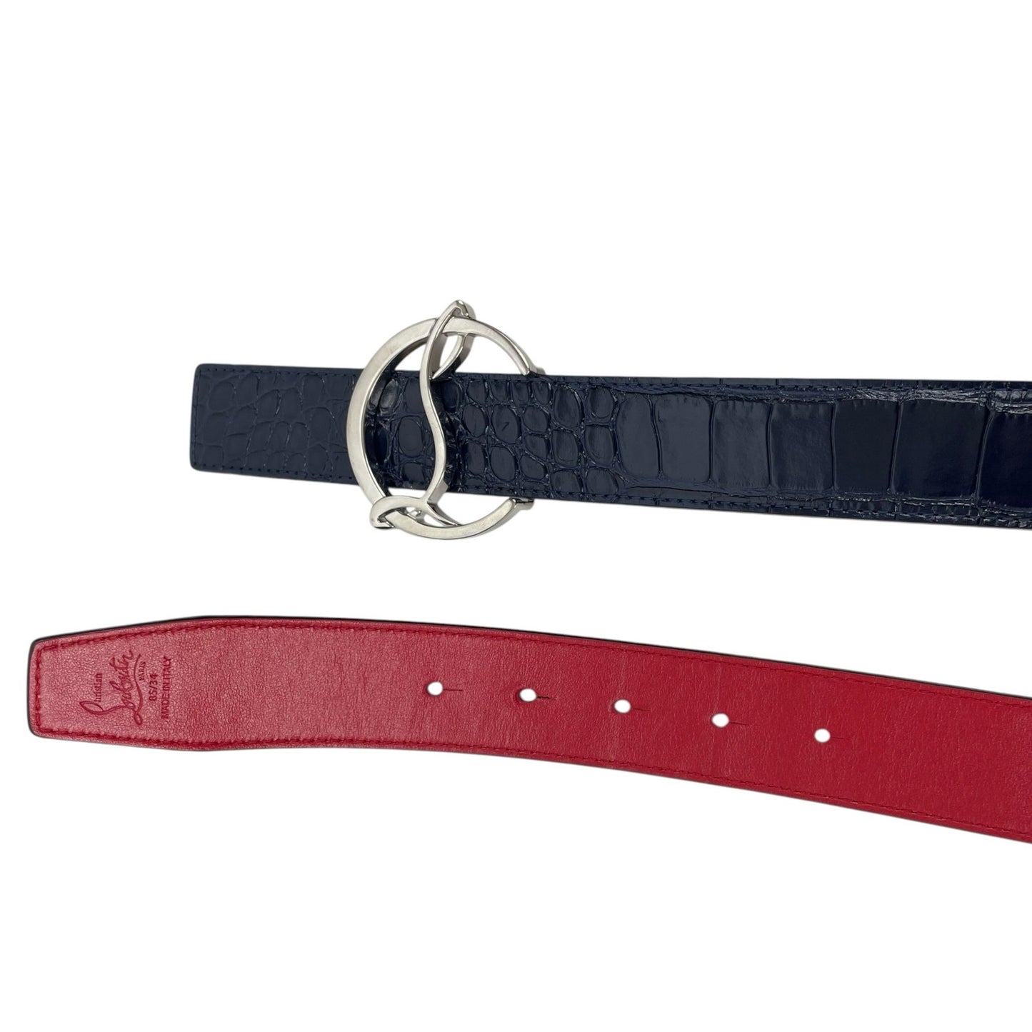 Christian Louboutin CL Logo Crocodile Reversible Leather Belt Blue Size 85/34