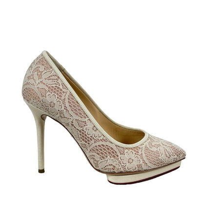 Charlotte Olympia Cream Lace Monroe Pointed Toe Pumps Bridal Shoes Size 37.5