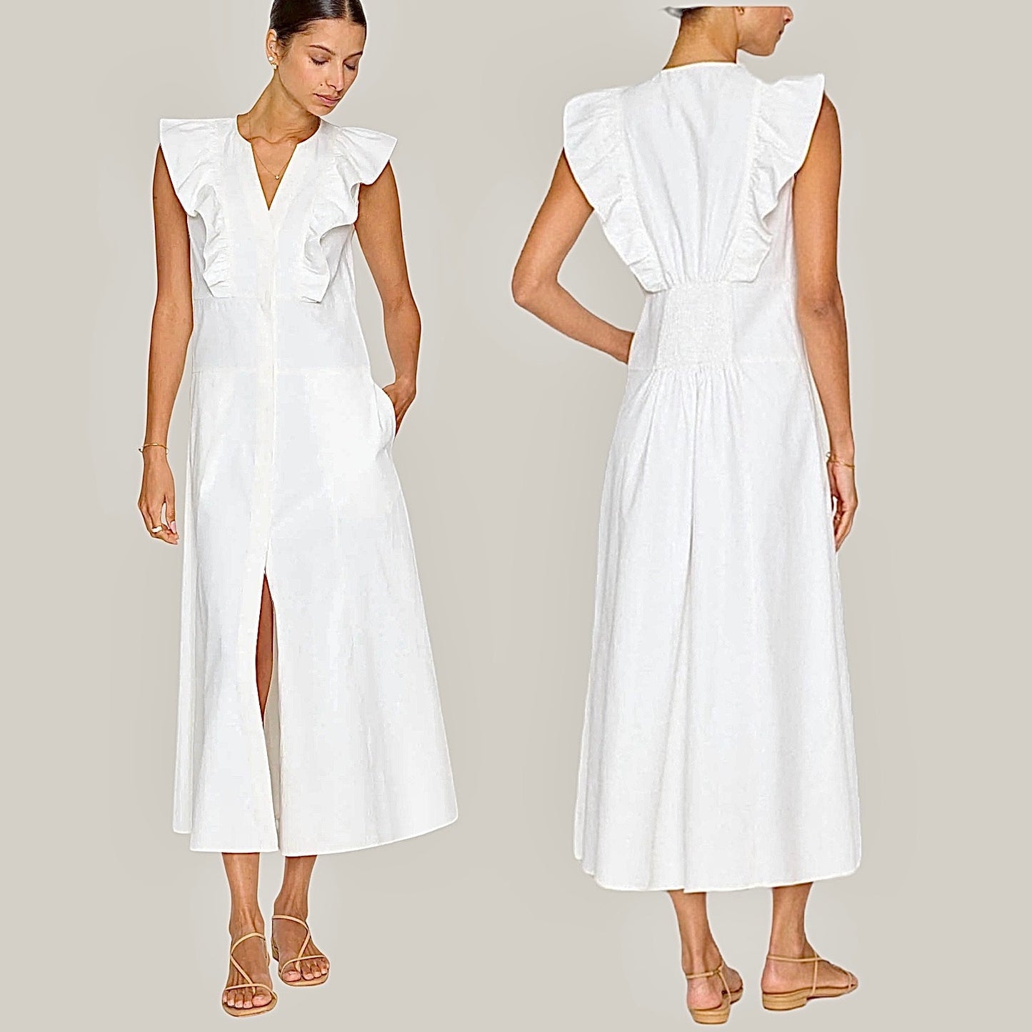 Brochu Walker The Aurora Ruffle Midi Dress Pockets Cotton White Size L