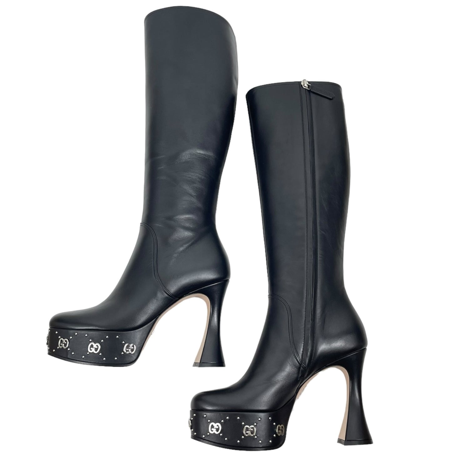 Gucci Nappa Charlotte GG Knee High Platform Boots Nero Black Size 38.5