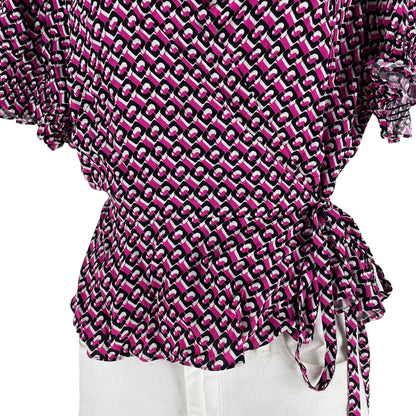 Diane von Furstenberg Emilia 3D Chain Printed Wrap Top Pink Size 16