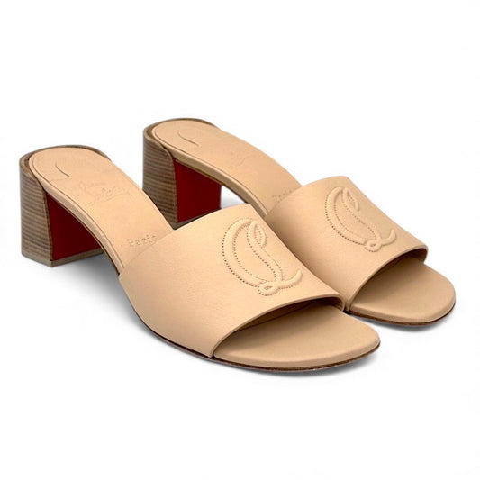 Christian Louboutin So CL Mules 55 Leather Heel Sandal Beige  Size 37