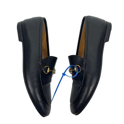 Gucci Jordaan Black Leather Loafers Horsebit Round Toe Flat Size 38.5