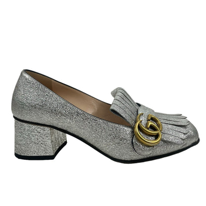 Gucci GG Marmont Pumps Silver Foil Kiltie Logo Low Block Heel Size 36