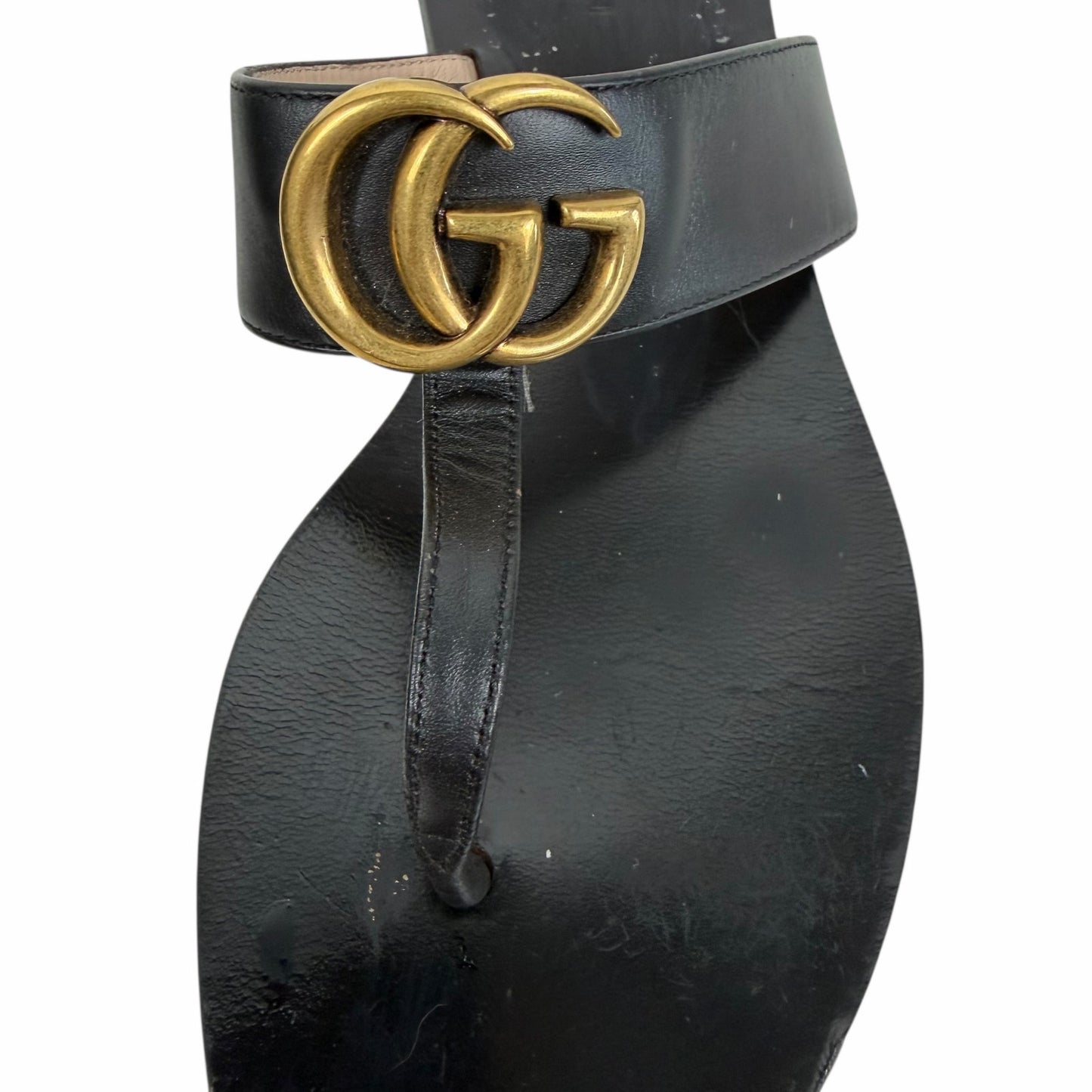 Gucci Black Leather Thong Sandal Gold Double G Logo Size 36.5
