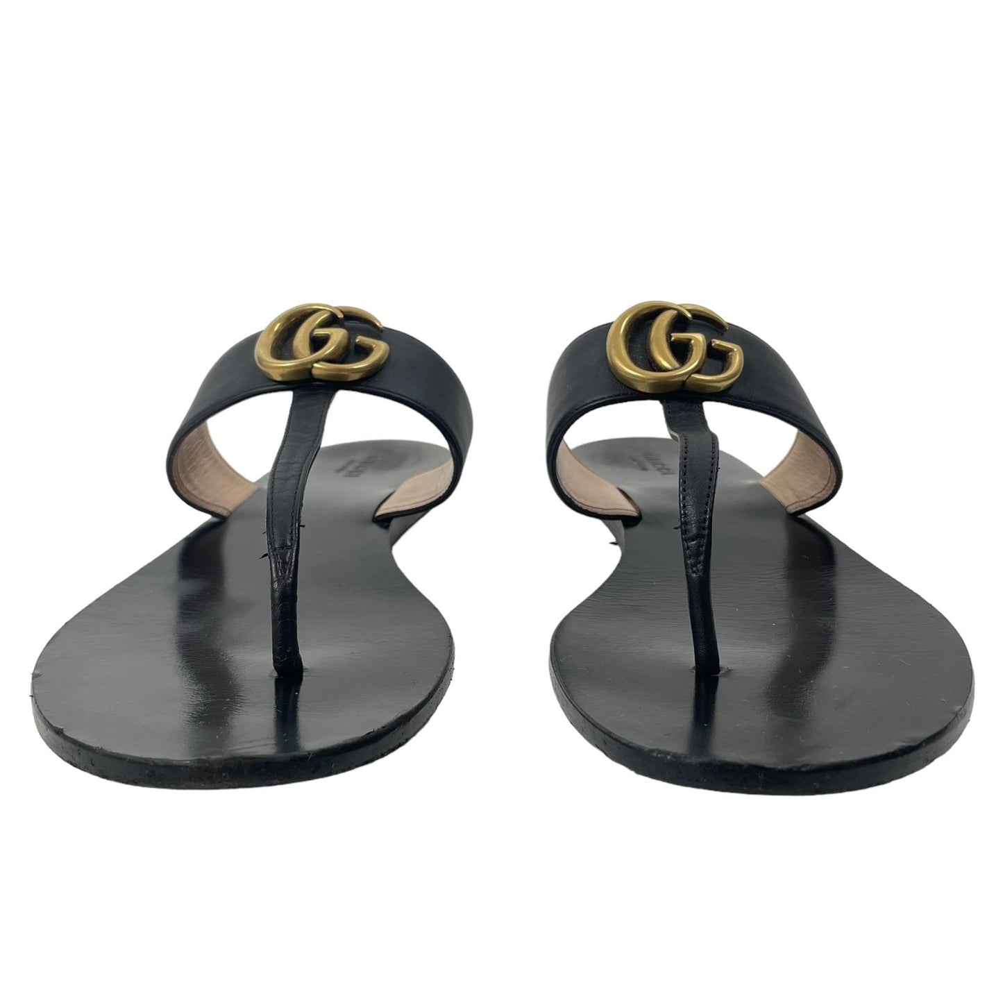 Gucci Leather Thong Sandals with Double G Logo Black Gold Size 41