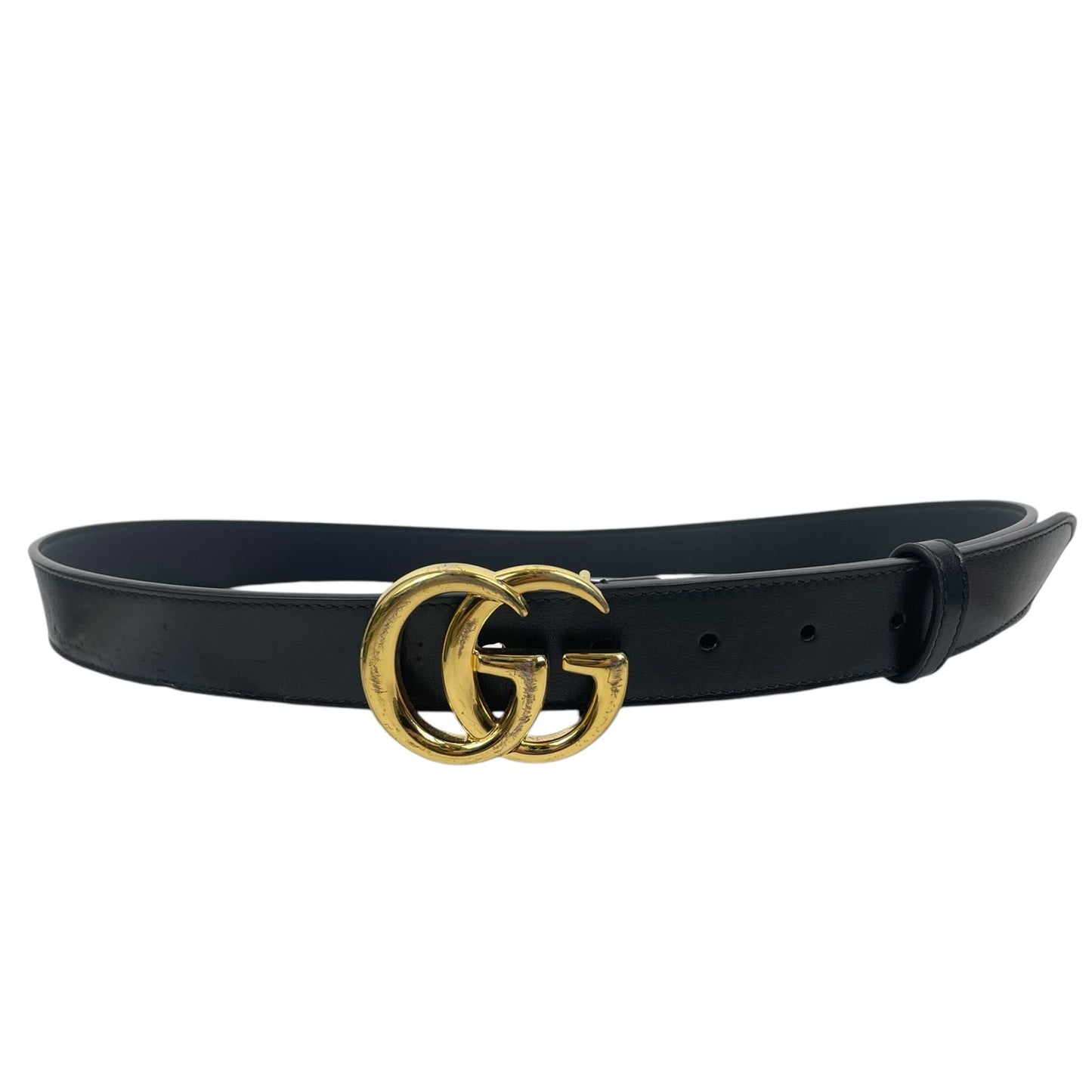 Gucci GG Marmot 30mm Thin Leather Belt Black Gold Buckle Men Size 105/42