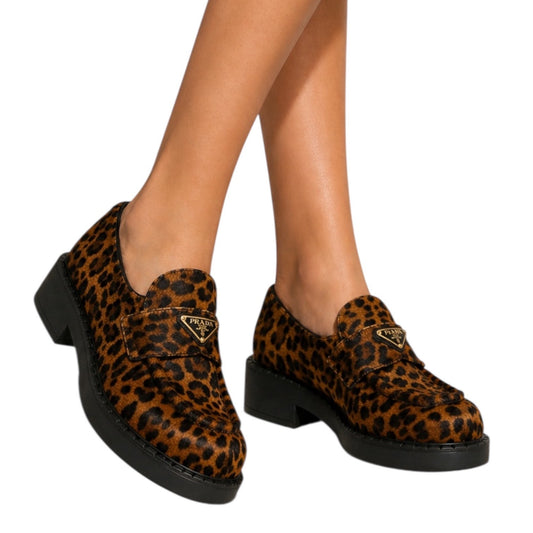 Prada Enamel Triangel Logo Leopard Printed Leather Loafer Brown Size 38.5