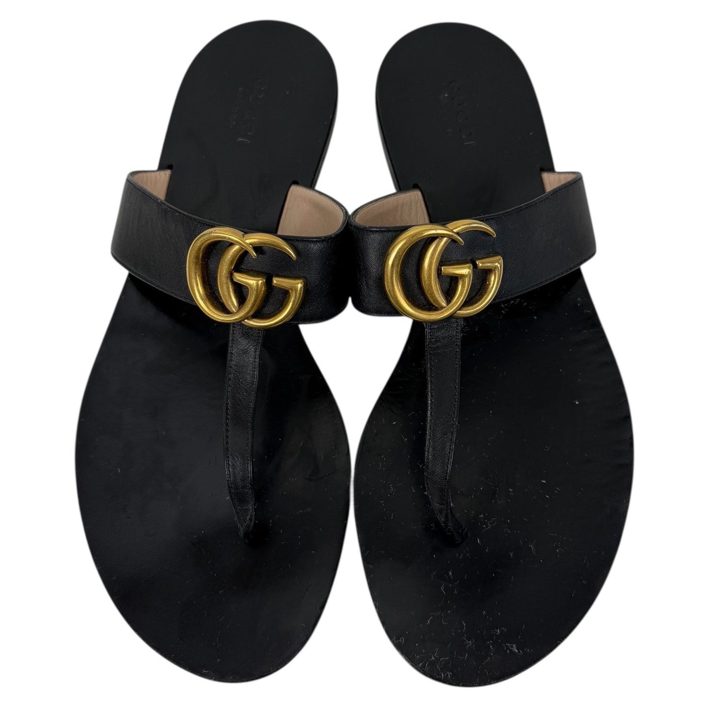 Gucci Black Leather Thong Sandal Gold Double G Logo Size 38.5