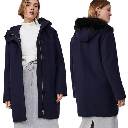 Ann Taylor Weekend Collection Faux Fur Trim Wool Duffle Coat Blue Size M