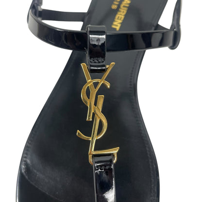 Saint Laurent Cassandra Patent YSL Thong Slide Sandal Black Gold Size 39.5