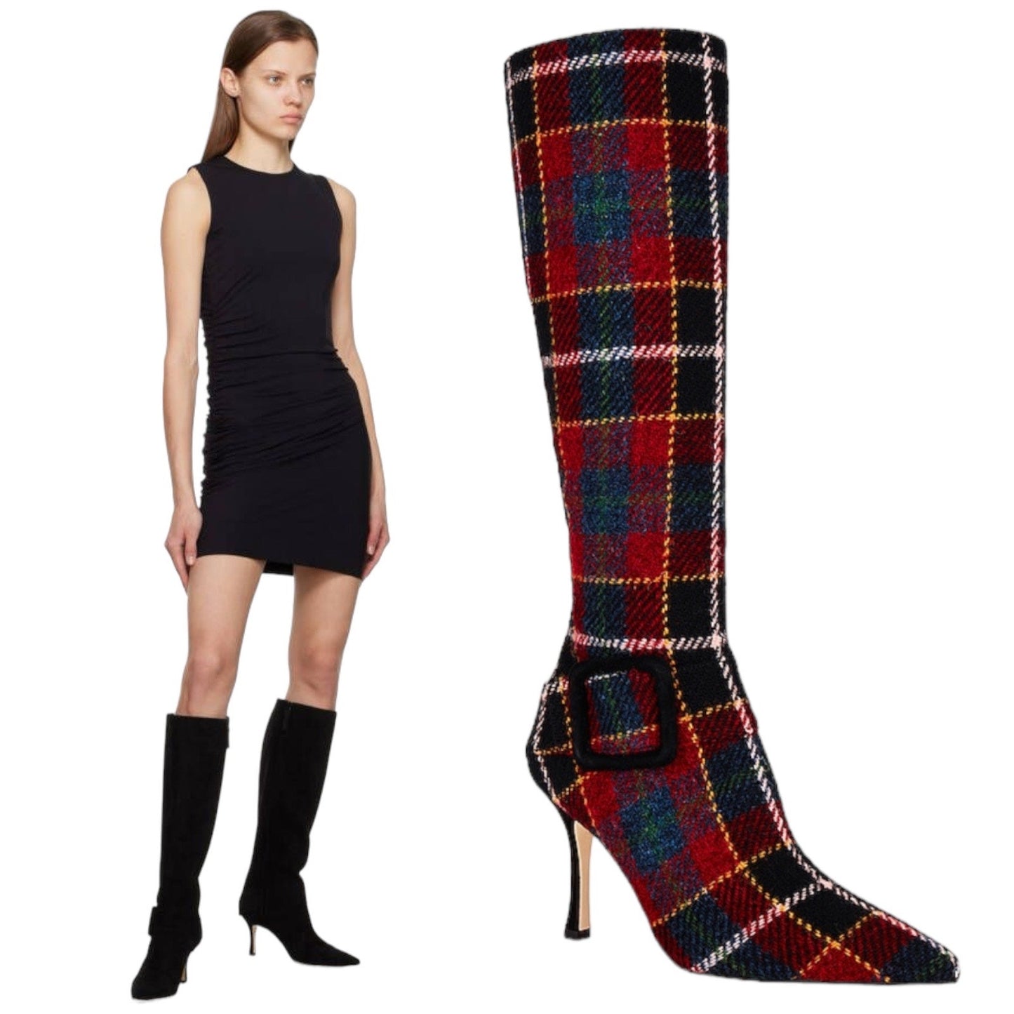 Manolo Blahnik Bayhi Gala Val Check Virgin Wool Knee High Boots Size 37.5