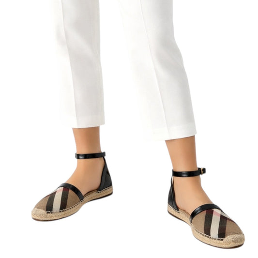 Burberry Abbington Nova Check Ankle Strap Espadrille Flats Black Size 41