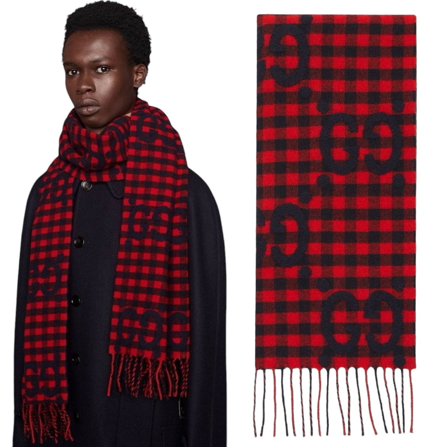 Gucci Diamcheck GG Logo Monogram Wool Jacquard Scarf Red Black 94"x 14"