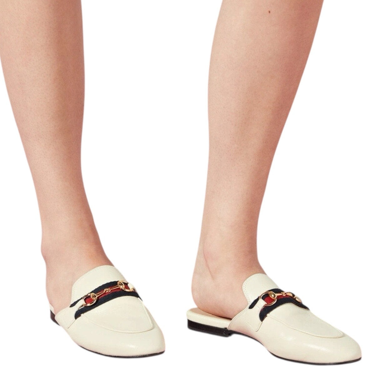 Gucci Princetown Web Leather Slide Mules Gold Horsebit White Size 38