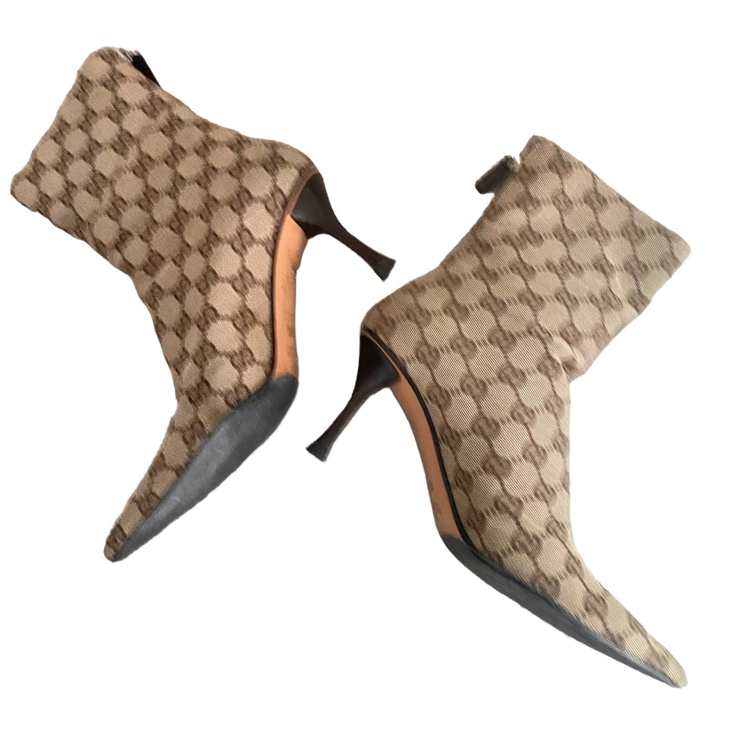 Gucci Brown Beige GG Monogram Ankle Boots Pointed Toe Size 36C