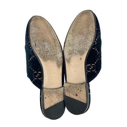 Gucci Princetown Horsebit GG Velvet Slipper Mules Navy Blue Size 38