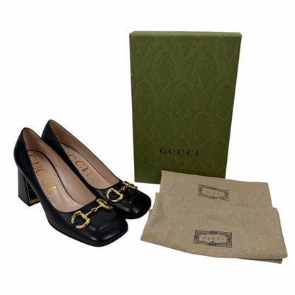 Gucci Horsebit Square Toe Leather Pump Block Heel Black Gold Size 41