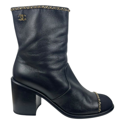 Chanel Coco Mark Logo Cap Toe Chain Short Leather Boots Black Size 39