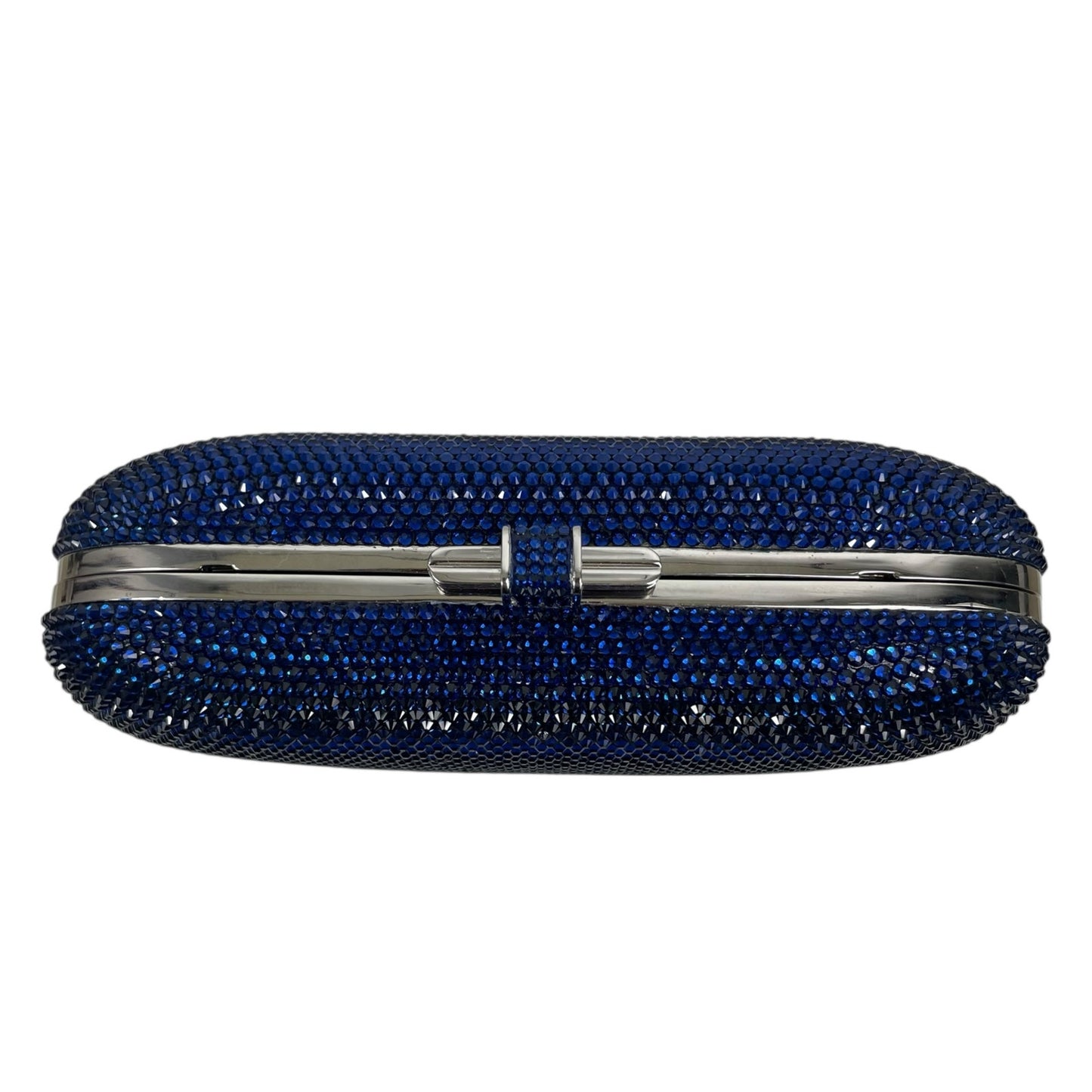 Judith Leiber Crystal Slide Lock Box Minaudiere Clutch Bag Navy Silver
