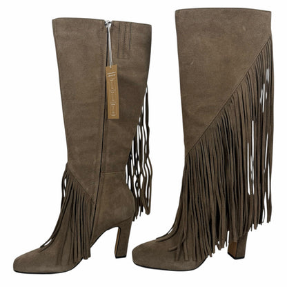 Dolce Vita Giano Fringed Knee High Heeled Boots Olive Suede Size 7.5