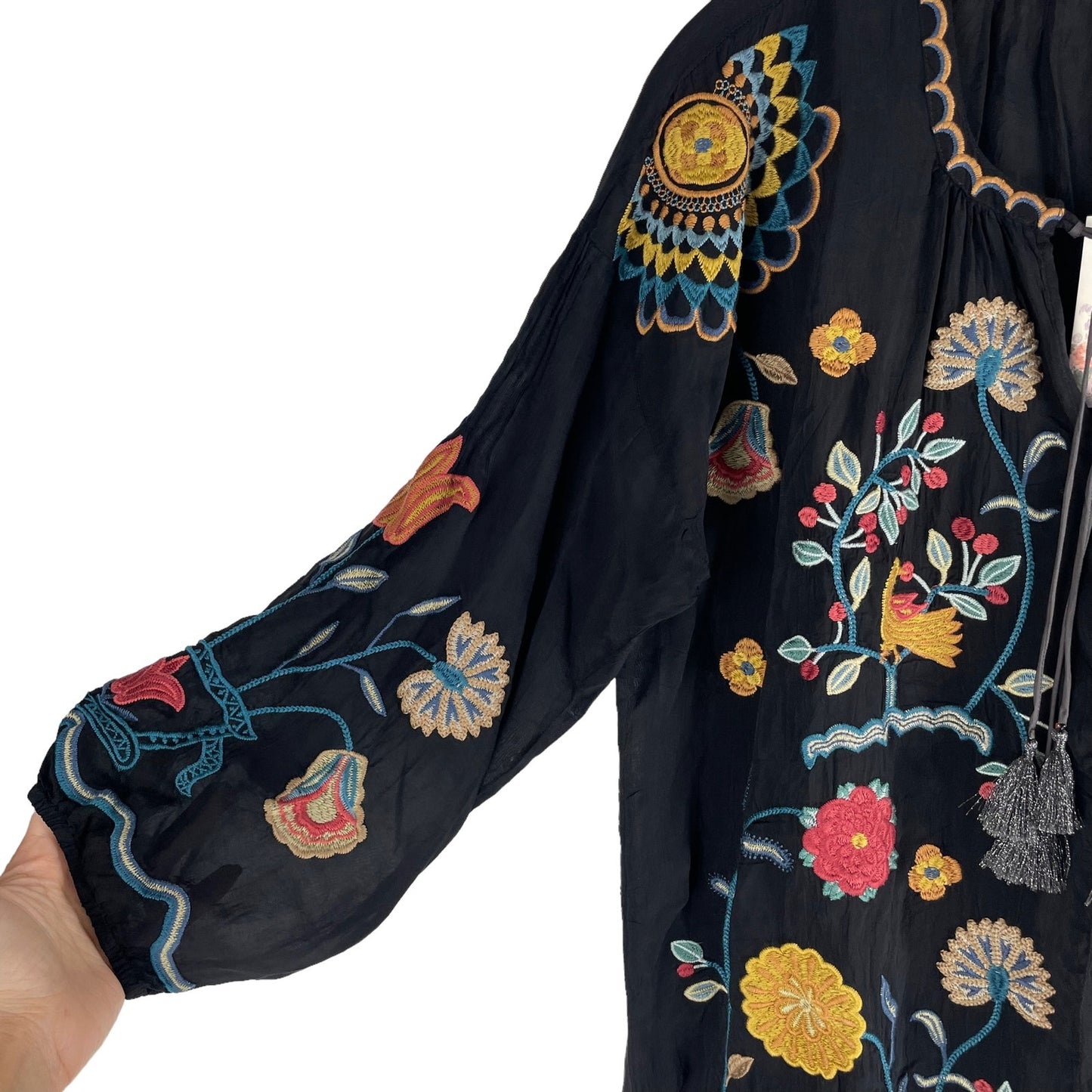 Johnny Was Mayson Floral Embroidered Tunic Top Black Size L