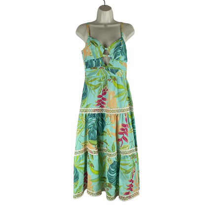 PatBO Tropicalia Leaf Print Jute Trim Midi Dress Islablue Green Size 4