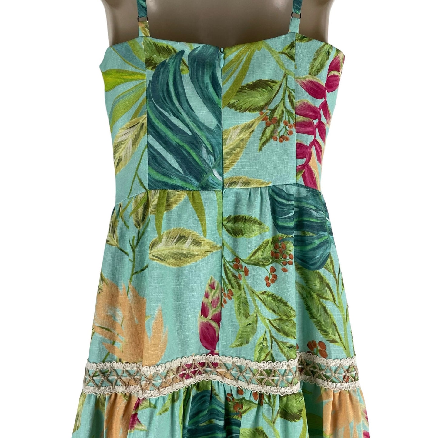 PatBO Tropicalia Leaf Print Jute Trim Midi Dress Islablue Green Size 4