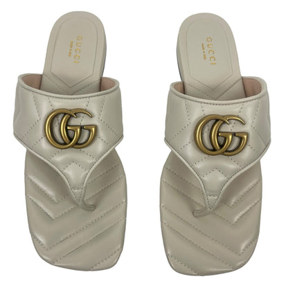 Gucci GG Marmont Leather Thong Sandals Cream White Gold Size 37