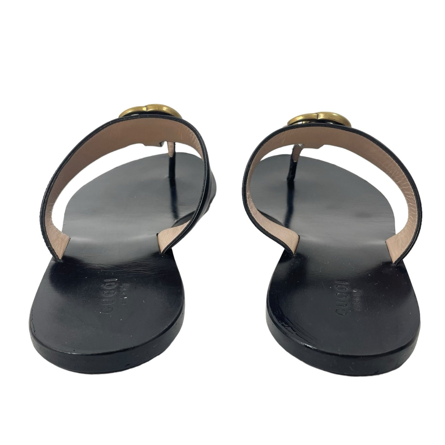 Gucci Leather Thong Sandals with Double G Logo Black Gold Size 41