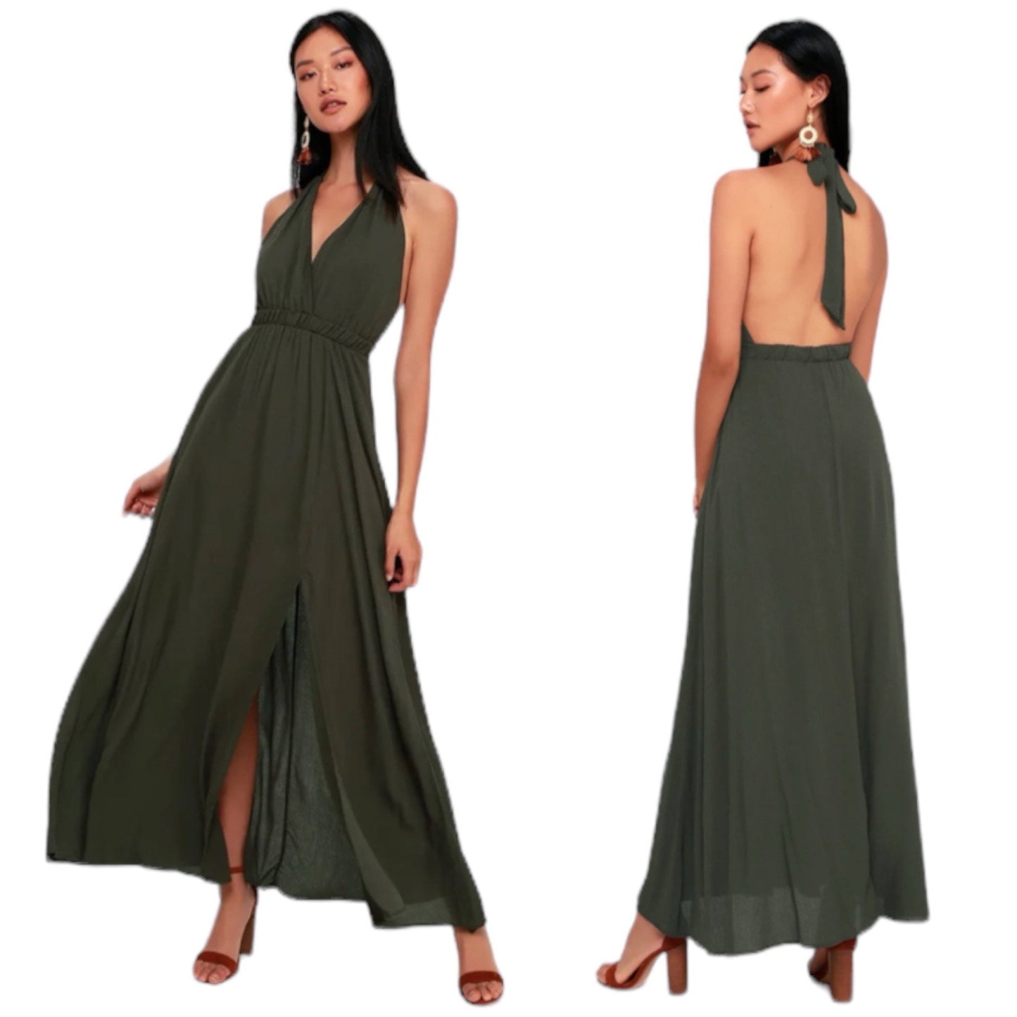 Lulu's Finest Hour Halter Neck Front Slit Maxi Dress Olive Size XS