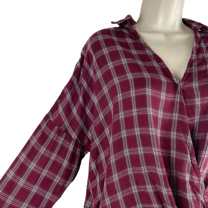 Lou & Grey for LOFT Plaid Long Sleeve Faux Wrap Top Dark Red Size S