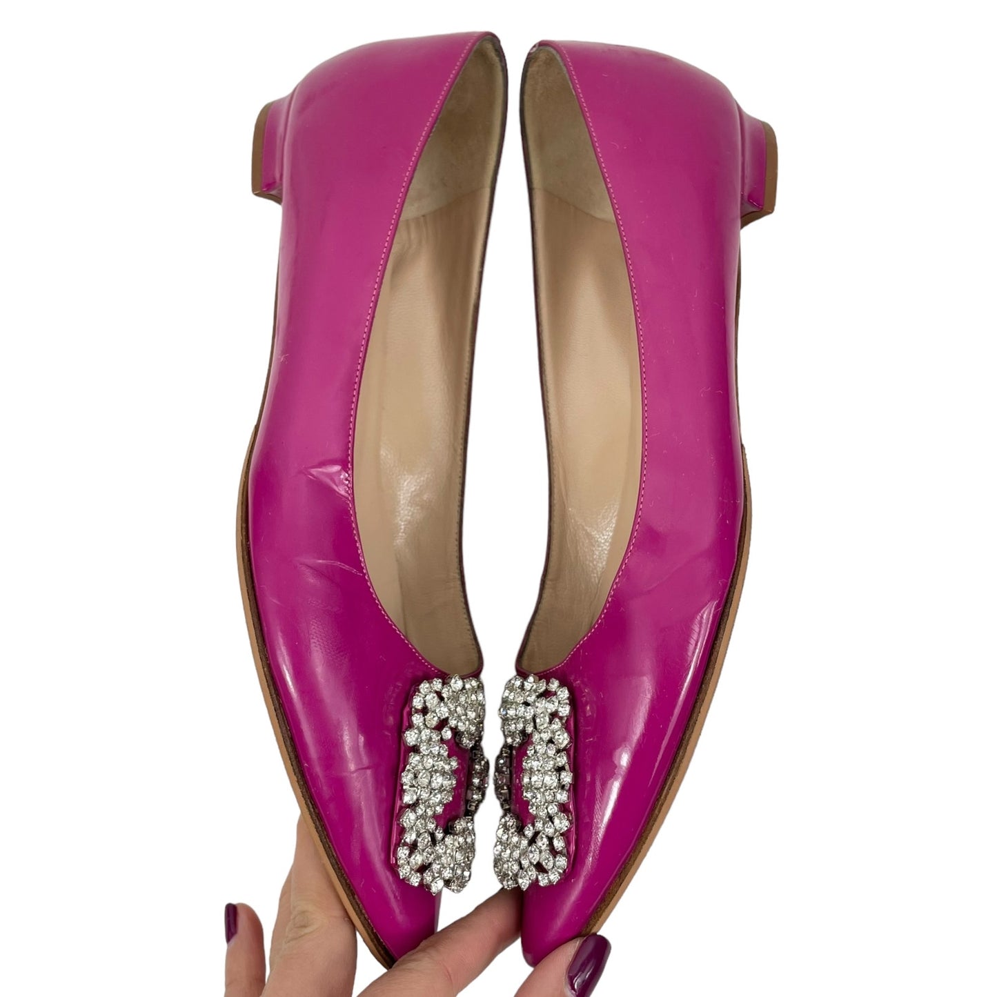 Manolo Blahnik Hangisi Pointed Toe Patent Leather Flats Pink Size 38