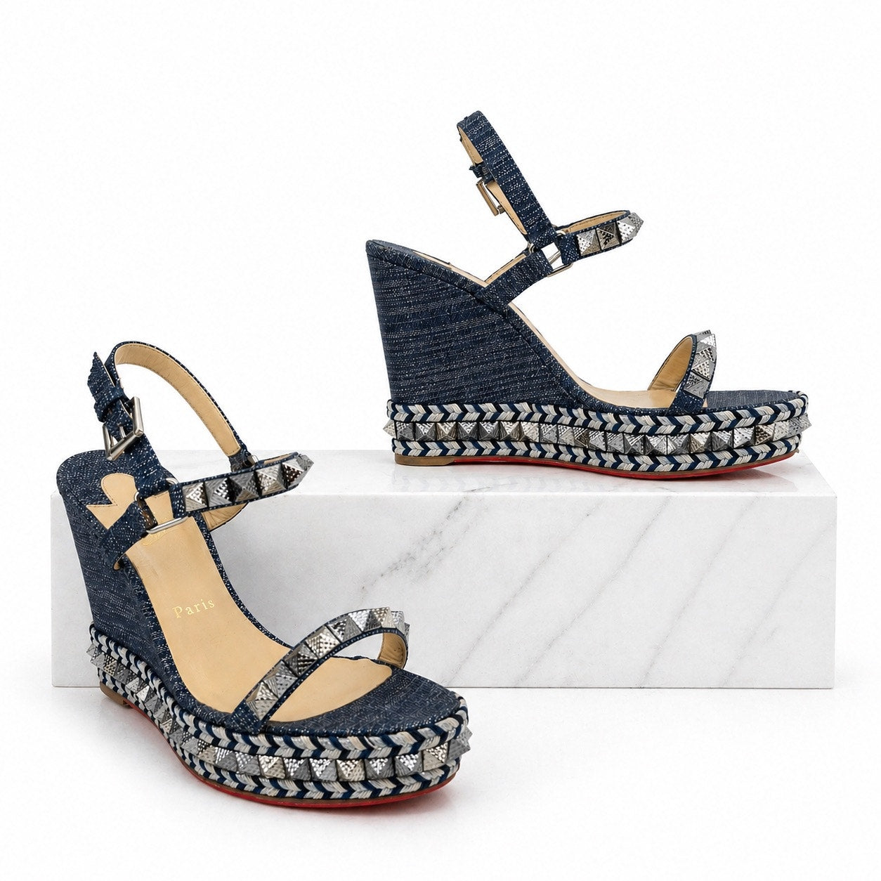 Christian Louboutin Lame Lux Pyraclou 110 Denim Wedge Sandal Blue Size 41