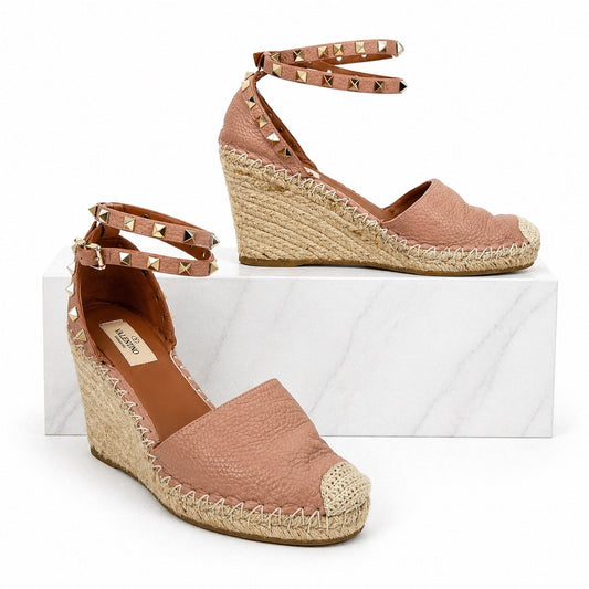 Valentino Garavani Rockstud Double Leather Wedge Espadrille Pink Size 39