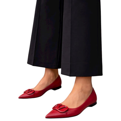 Valentino Garavani Vlogo Pointed Toe Nappa Leather Flats Red Size 36