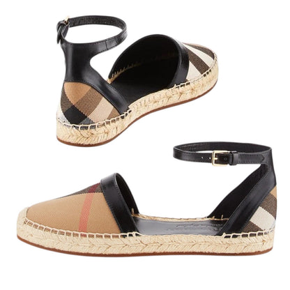 Burberry Abbington Nova Check Ankle Strap Espadrille Flats Black Size 41