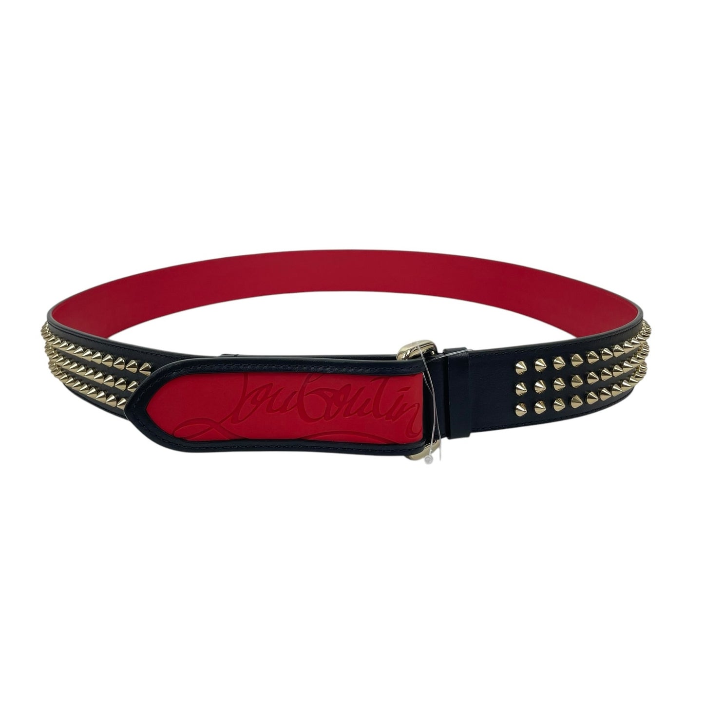 Christian Louboutin Loubi Spike Logo Leather Belt Black Red Men Size 110/44