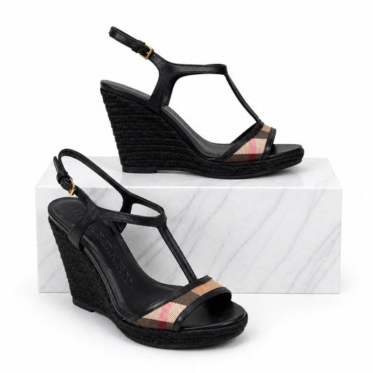 Burberry Nova Check Laleham Leather Wedge Espadrille Sandal Size 36