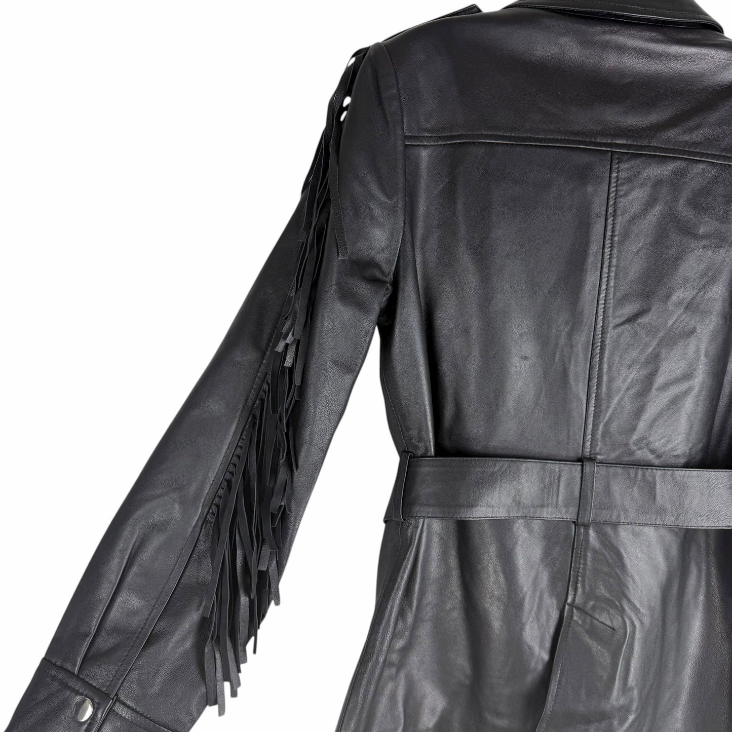 Walter Baker Linda Fringe Belted Lamb Leather Jacket Black Size S