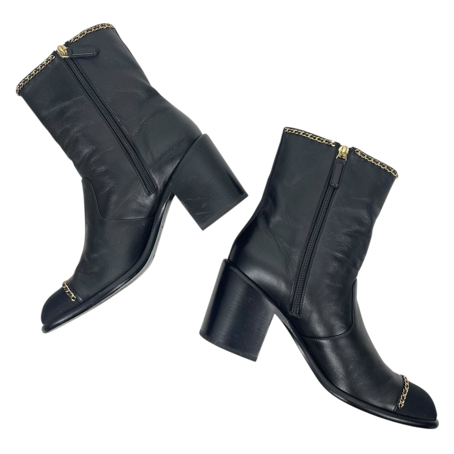 Chanel Coco Mark Logo Cap Toe Chain Short Leather Boots Black Size 39