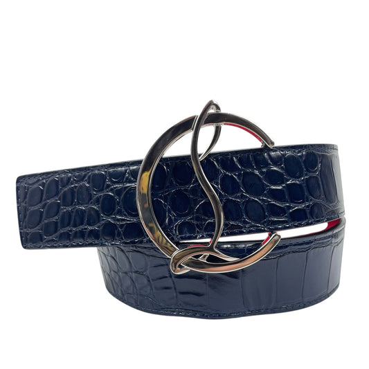 Christian Louboutin CL Logo Crocodile Reversible Leather Belt Blue Size 85/34