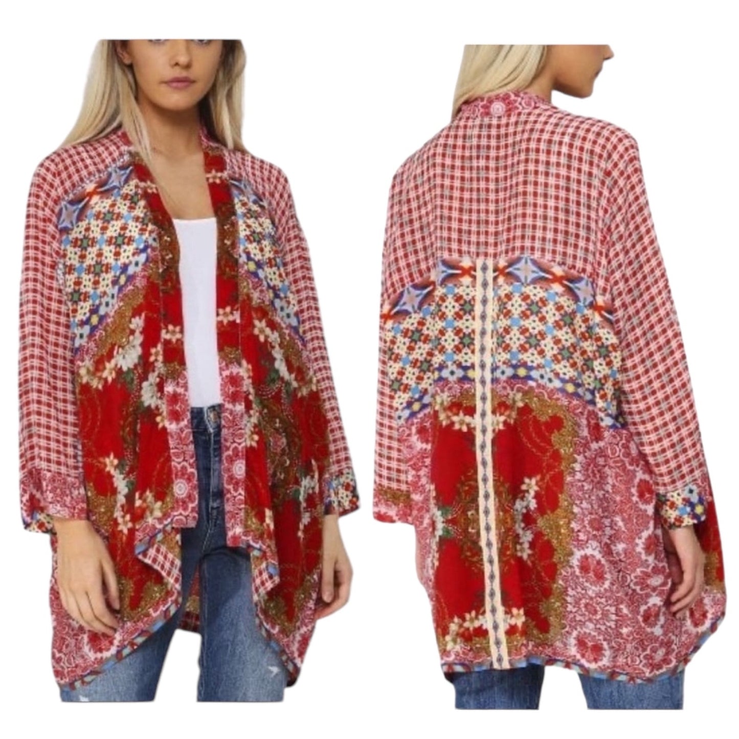 Johnny Was Dolce Mix Print Kimono Jacket Pockets Red Size XS
