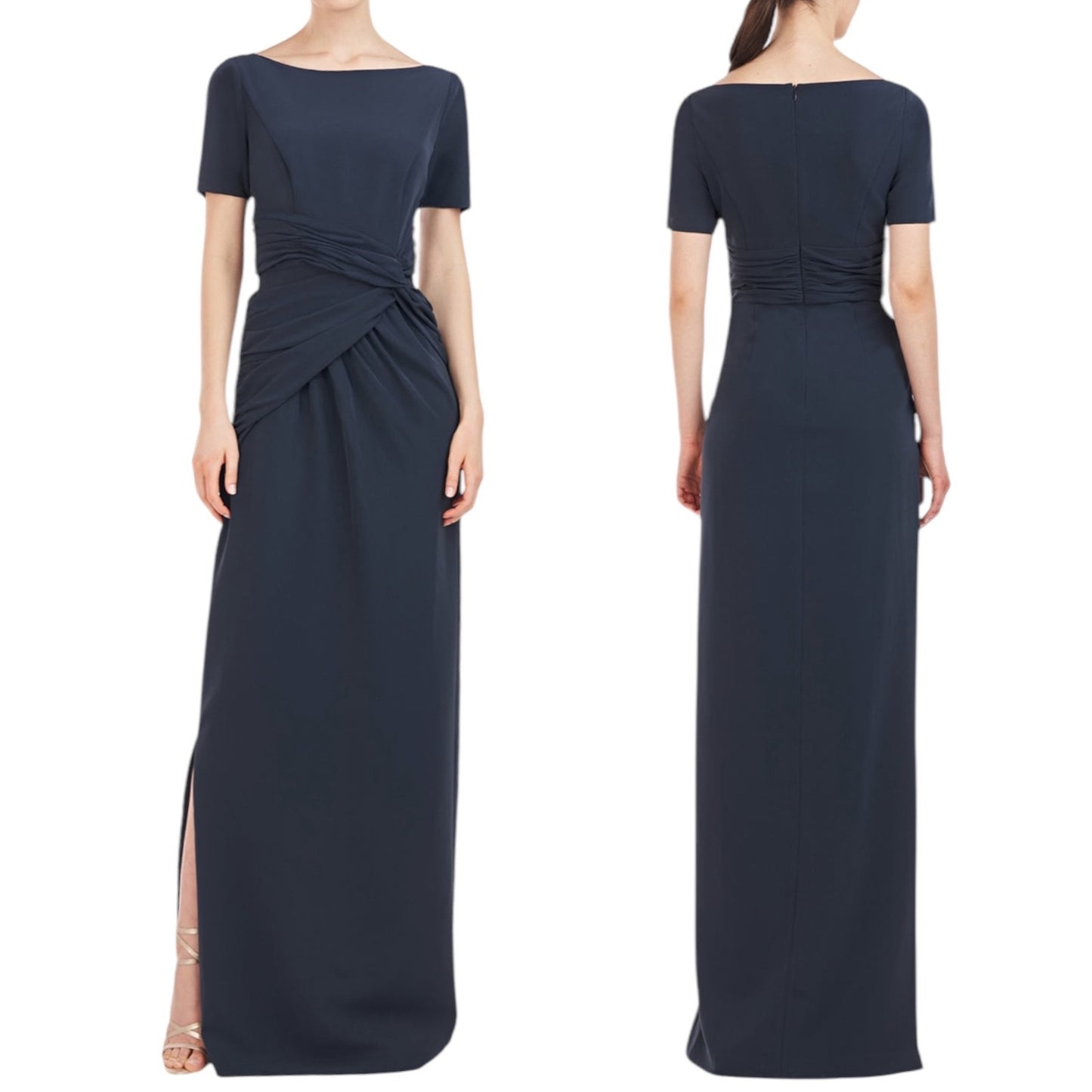 Kay Unger Garbo Gathered Column Gown Short Sleeve Carbon Blue Size 8
